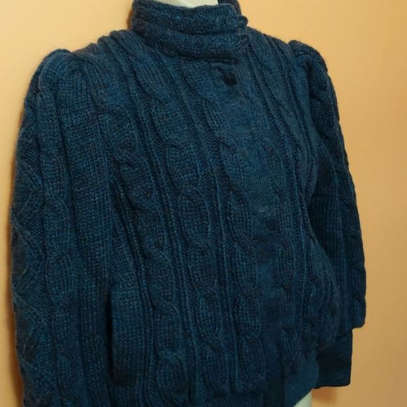 Vintage Lindsay Scott Cable Knit Barn Sweater Jacket Pockets Pad Shoulder Size M - Picture 5 of 11